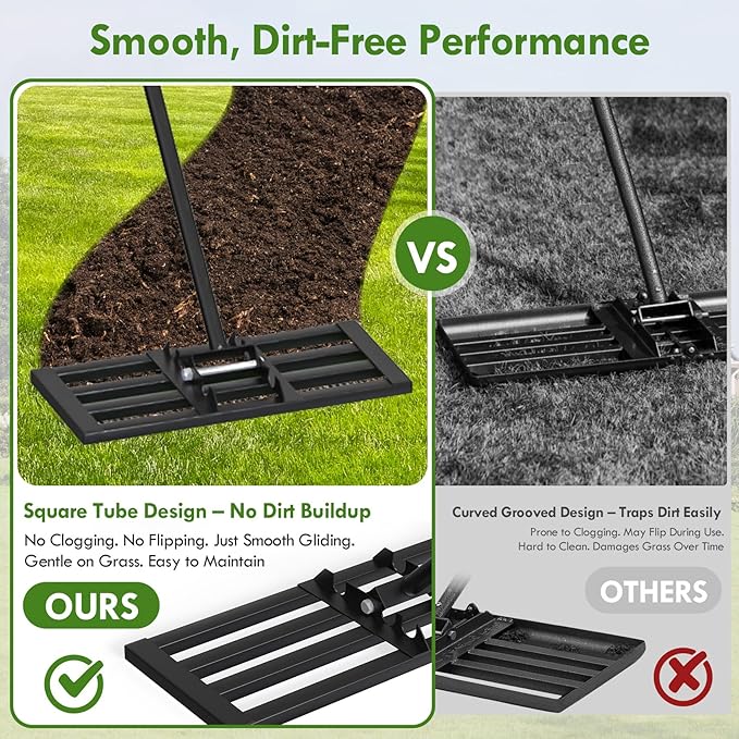 Seeutek Lawn Leveling Rake, 17” x 10” Lawn Leveler with 6.5FT Durable Handle Rakes for Lawns, 0-180° Adjustable Ground Leveler Tool for Yard, Level Soil Sand Dirt Surfaces