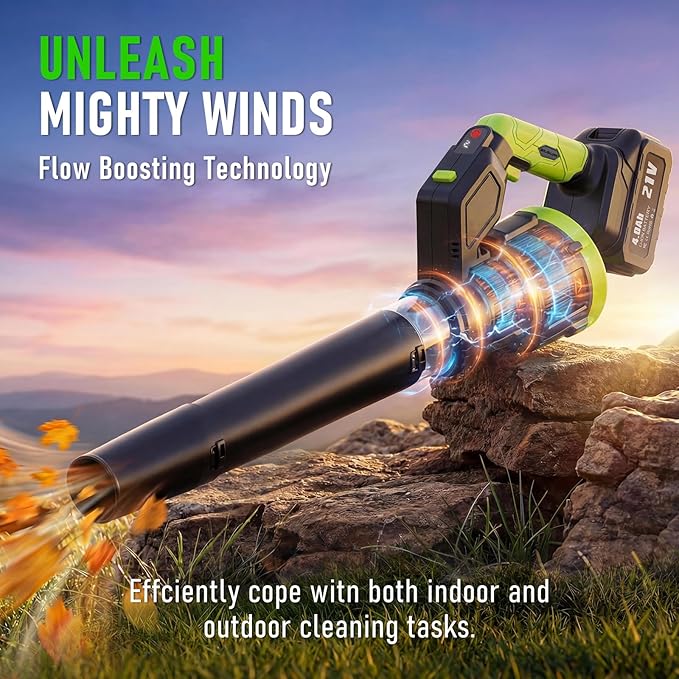 Electric Leaf Blower Cordless, 180¡Æ Rotatable, 2 Batteries & Charger, Handheld Leaf Blowers for Lawn Care, 4 Speed Mode, Portable Lightweight Grass Blower for Yard (Green-Black)