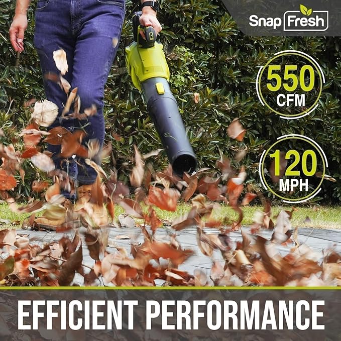 SnapFresh 20V Brushless Cordless Leaf Blower, 550 CFM/120 MPH, 2 x 4.0Ah Battery& Fast Charger, 7-Speed w/Turbo Mode, Lightweight Electric Handheld Blowers for Lawn Care, Snow, Patio, Yard& Sidewalk