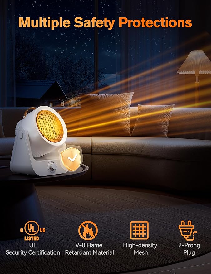 Electric Space Heaters For Indoor Use, 100¡Æunlimited Oscillating, 2S Instant Heating, 1500WPTC Ceramic Electric Patio Heaters For HomeOffice, Tip-Over & Overheat Protection, 2 Heating Modes, SnowWhite