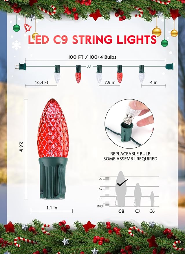 100 Feet Led Christmas Lights, Red and Warm White C9 Christmas String Lights Outdoor, 100 Strawberry Bulbs Connectable UL Certified for Indoor Outdoor Roofline Patio Holiday Party Backyard Decor