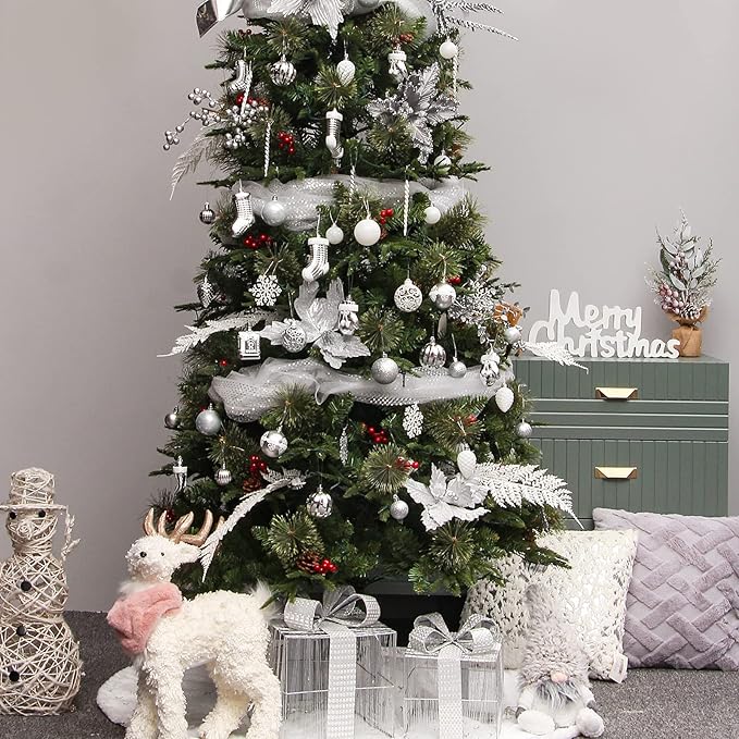 Christmas Tree Ornament Set - 132pcs Silver Ball Decoration, Shatterproof Hanging Ornaments, Large and Small Assortment for Holiday Party Decor