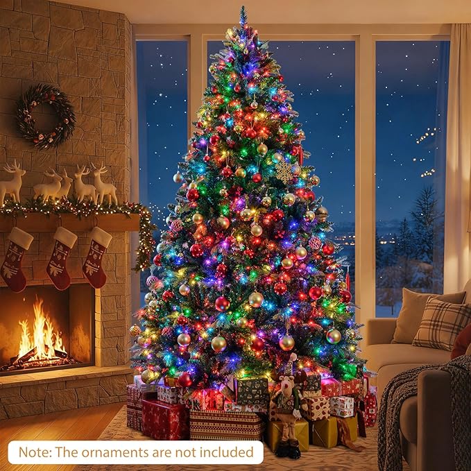 GOFLAME 8FT Pre-lit Artificial Christmas Tree, Hinged Xmas Tree with Remote and App Control, 650 Color & Mode Changing RGB Lights, Timer, 1936 Branch Tips, Pine Cones and Red Berries
