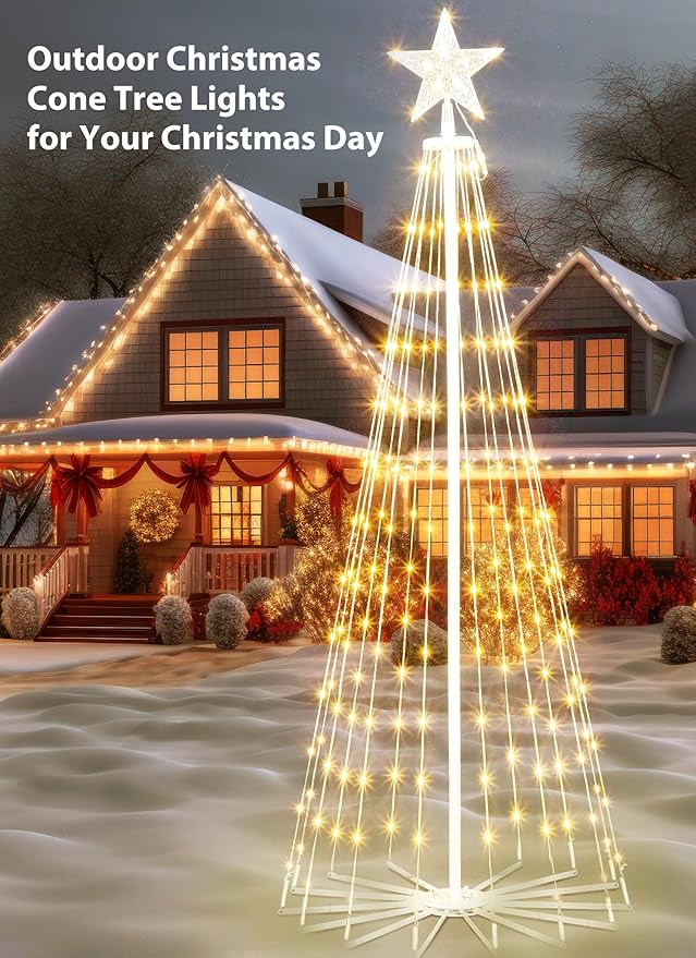 Outdoor Christmas Cone Tree Light, 12 Feet 1070 LEDs Outdoor Lightshow with Star Topper, Artificial Christmas Tree for Yard Square Plaza Christmas Decorations, Warm White