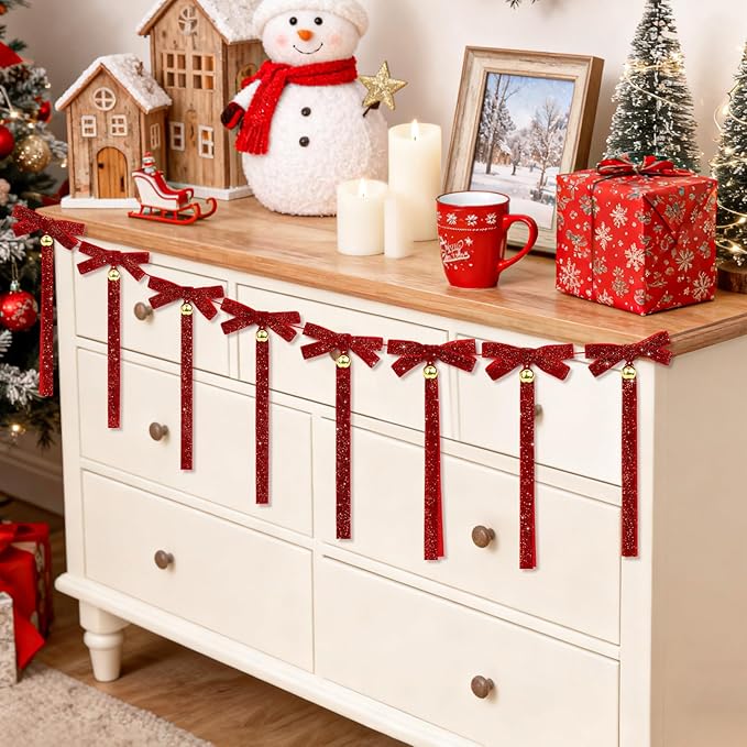 Christmas Velvet Bow Garland Banner with Bells, Glitter Red Ribbon Bows Christmas Jingle Bell Garland Bow Banner Xmas Ornaments for Mantel Fireplace Table Wall Staircase Office Home Xmas Tree Decor