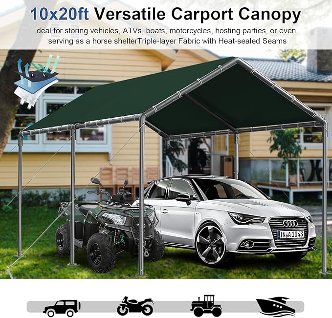 Outdoor Carport 10x20ft Heavy Duty Car Tent, Portable Garage Canopy Storage Shed, Car Shelter, All-Season Tarp Tent for Party (GN)