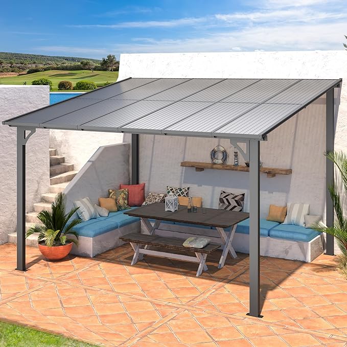 U-MAX 10' x 12' Outdoor Pergola Gazebo, Wall-Mounted Lean to Metal Awnings Gazebos on Clearance for Patio, Large Panel Roof Pergolas and Gazebo for Outdoor Use