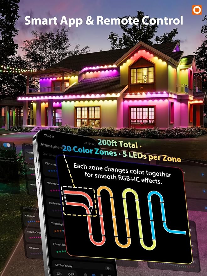 addlon Permanent Outdoor Lights, RGB+IC Color-Changing LED House Lighting with App & Remote, Christmas Light Effects, IP67 Weatherproof Outdoor Lights for Holidays & Christmas Decorations, 200FT