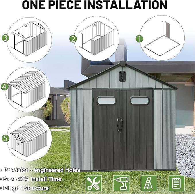 8X6 FT Outdoor Resin Storage Shed, Waterproof Plastic Garden Shed with Lockable Door, Windows & Vents, Outside Storage Tool Shed for Patio Furniture, Lawn Mower, Bike