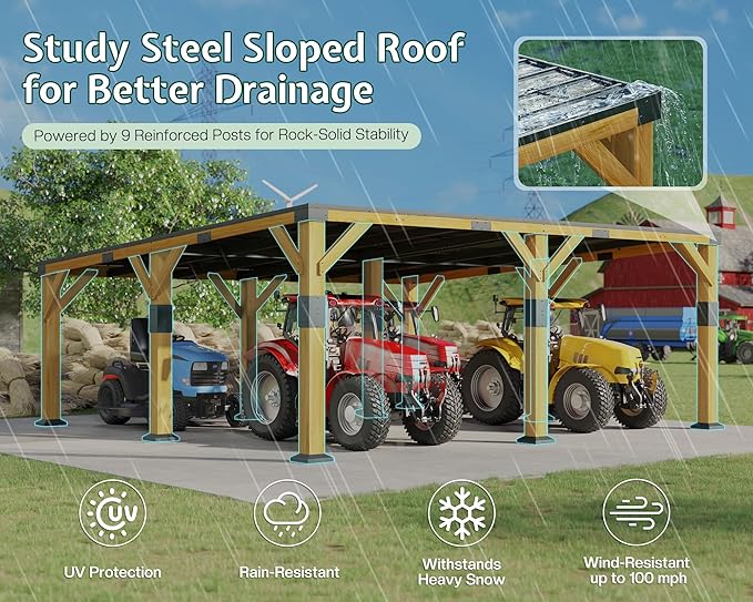 Jocisland 20x20x9.2 FT Cedar Wood Carport for 2 Cars, Heavy Duty Canopy Carport with Sloped Galvanized Steel Roof for All Weather, Permanent Shelter for Boats, Full-Sized Pickup Trucks & Tractors