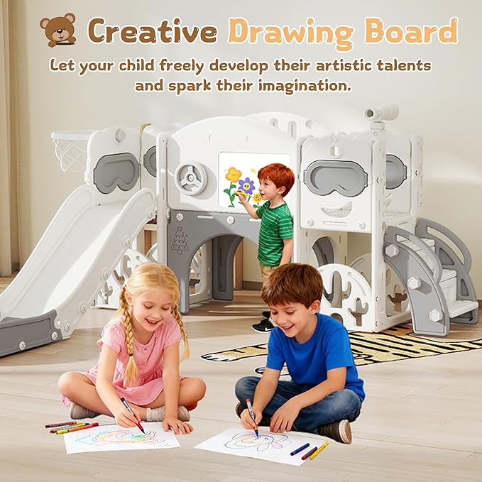 11-in-1 Toddler Slide Playset,Indoor Playground for Kids 1-3 and Toddler Outdoor playset with Golf Set Drawing Set Basketball Hoop, Playground Easy Assembly Bear Theme