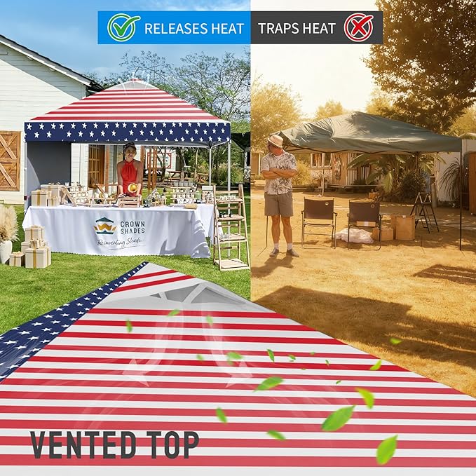 CROWN SHADES 10x10 Pop Up Canopy with 1 Side Wall - Beach Tent with One Push Setup - Outdoor Sun Shade for Events, Parties, Camping - Gazebo with STO-N-Go Cover Bag (American Flag)