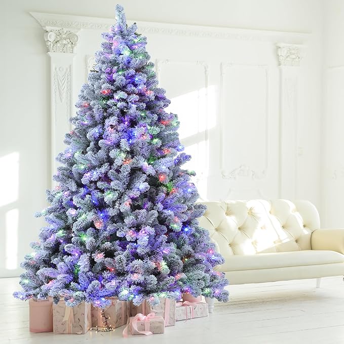 Flocked Christmas Tree, 7.5 ft Prelit Christmas Tree with Lights, 10 Functions, 400 Lights, Spruce Artificial Christmas Tree Prelit with 1832 Realistic Tips & Sturdy Metal Base Easy Assembly