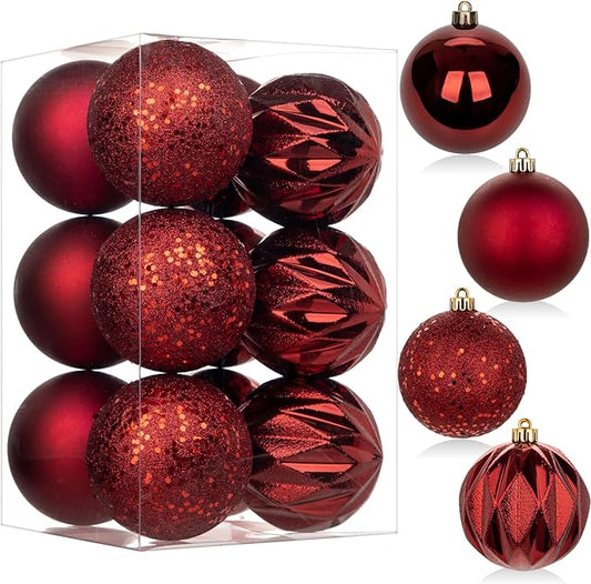 12PCS 3.15" Christmas Ball Ornaments Shatterproof Burgundy Christmas Tree Decorations Xmas Tree Balls Halloween Ornaments Décor