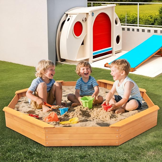 Kids Large Octagonal Wooden Outdoor Sandbox with Cover, 4 Built-in Benches Extra Large Sandpit, Bottom Liner, Playset Gift for Backyard Garden Easy Assembly