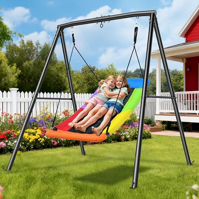 Trekassy Swing Sets for Backyard, 440lbs Heavy Duty A-Frame Metal Stand with 60 Large Platform Swing for Outdoor Playground Park