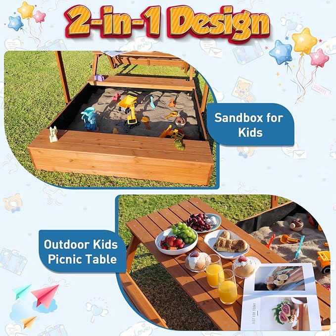 FunXplore Wooden Kids Sandbox with Lid Outdoor Sand Box with Picnic Table Foldable, Sandpit with Cover Ages 4-8, Adjustable Canopy Bottom Liner for Backyard Garden