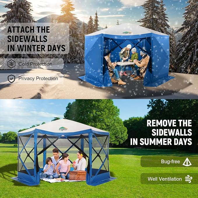 COBIZI 12x12 Pop up Canopy Tent, Gazebos on clearance with 5 removable sidewalls & mosquito net for Camping, Outdoor patio screened gazebo, Portable Hub Tent with Carrying Bag & Stakes, Blue(Upgraded)