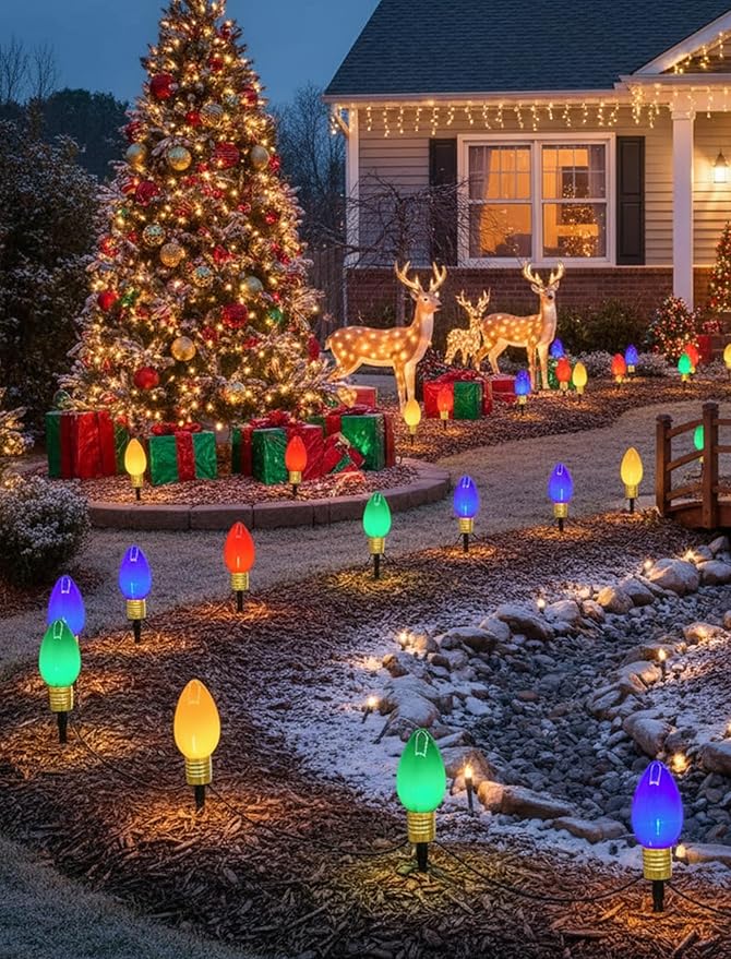 Christmas Lights Jumbo C9 Outdoor Lawn Decorations with Pathway Marker Stakes, 2 Pack 7 Feet String Lights with Multi Color Giant Lighted Bulbs for Holiday Outside Yard Garden Decor, 8 Lights