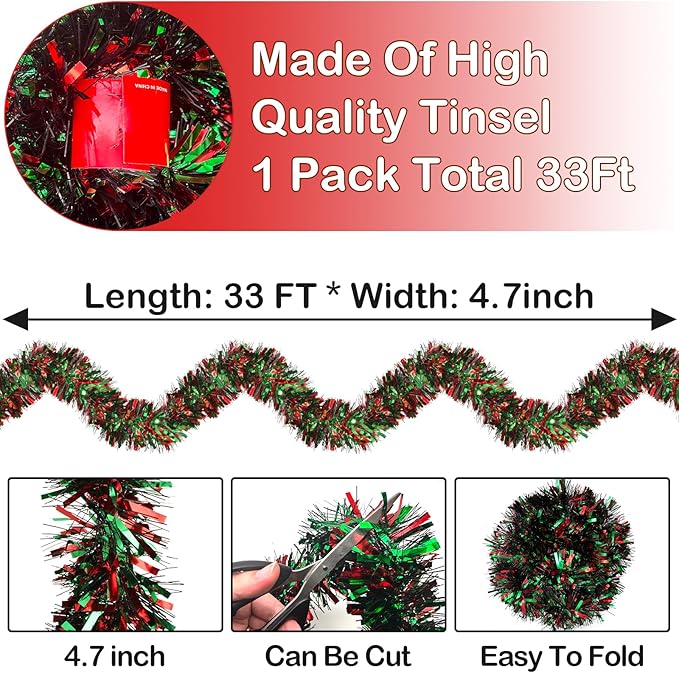 50ft Metallic Tinsel Garland - Christmas Tree Hanging Decorations for Indoor/Outdoor Use (Red, Green, Black)