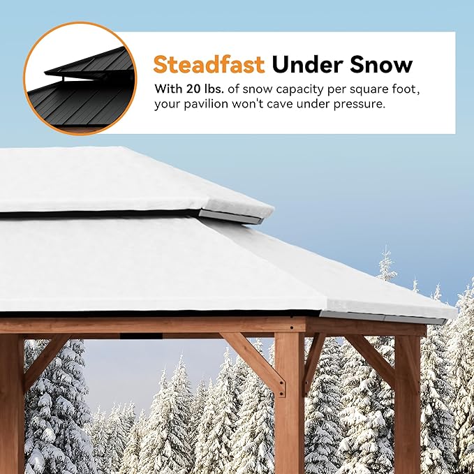 Modern Shade Rosewood Wood Gazebo 12' x 20', Cedar Framed Grill Gazebo with Double Galvanized Steel Roof, Permanent Hardtop Pavilion with Sturdy Hooks for Garden, Backyard, Patio, and Deck