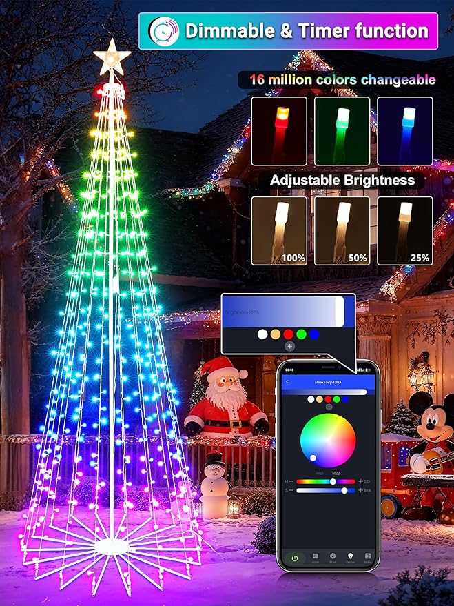 Flacchi Smart Christmas Cone Tree Lights - Star Tree Topper with Removable Bracket, App Control, Sync with Music, Waterfall Colored Lights for Indoor Outdoor Xmas Decorations (8.8FT/ String Lights)