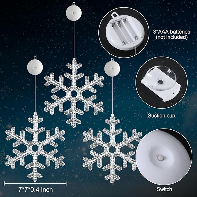 3Pack Christmas Window Lights Decorations with Timer,Battery Powered White Lighted Snowflake Shaped LED String Sucker for Xmas 2026 Hanging Fireplace Window Indoor Decor