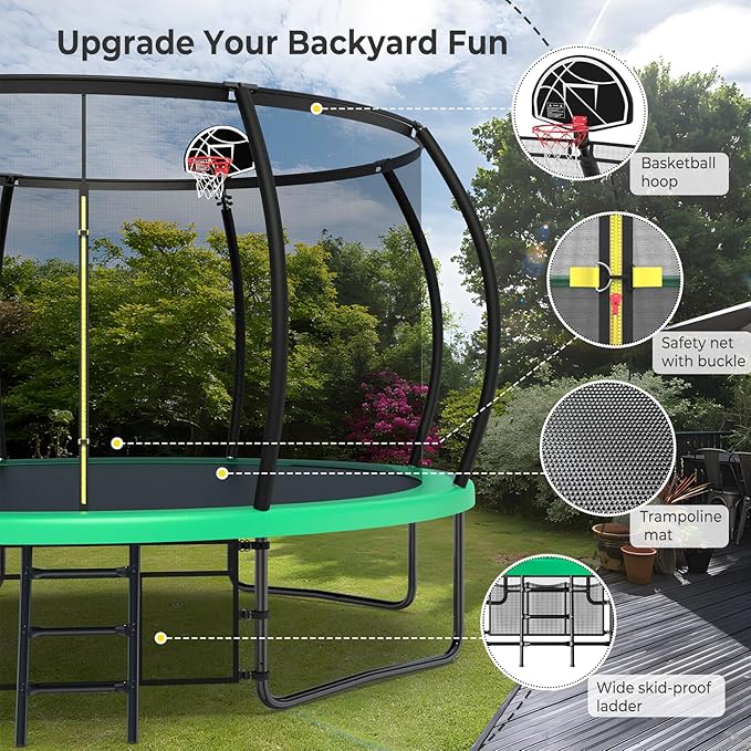 Lyromix 12 14 15 16FT Outdoor Trampolines for Kids and Adults, Pumpkin Trampolin with Curved Poles, Recreational Trampolin with Basketball Hoop and Safety Enclosure Net for Kids and Adults