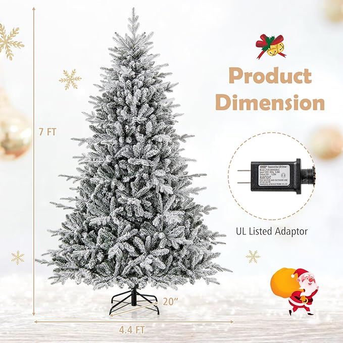 GOFLAME 7ft Pre-Lit Christmas Tree Snow Flocked, Hinged Artificial Xmas Tree with 1164 Branch Tips, 350 Multi-Color LED Lights, 8 Lighting Modes, Holiday Decoration Tree for Home Office Party