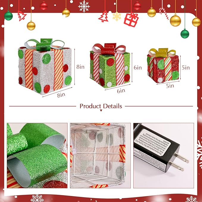 Christmas Lighted Gift Boxes: 3Pack Boxes with led Lights, Pre-lit Present Box with Bowknot Holiday Decorations, Grinchmas Table Centerpieces for Indoor Outdoor Yard Decor