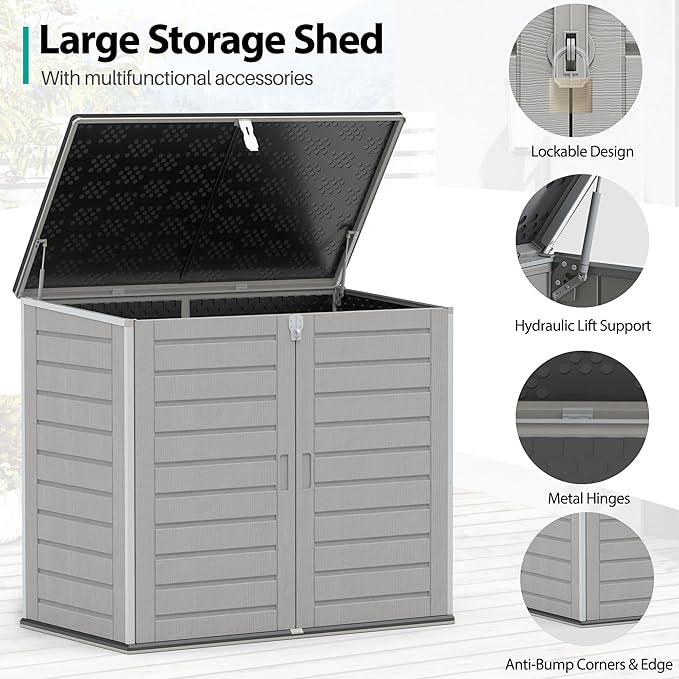HUGROVE 49.5 Cu ft Storage Shed, 4.6 x 4.1 FT Outdoor Storage Horizontal Resin Shed, Weather Proof Water Proof PP Material, Lockable Door, Outdoor Storage Box for Trash Cans, Patio, Garden (4.6x4.1)