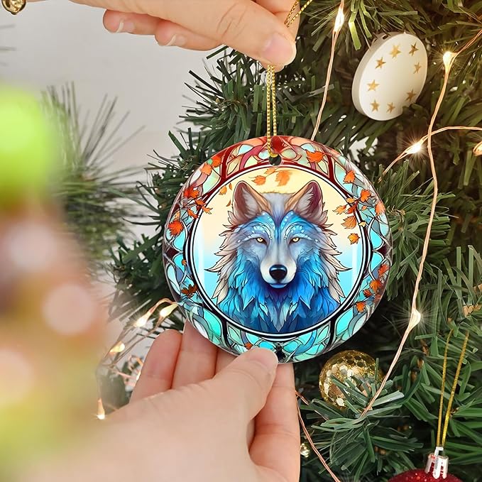 Wolf Christmas Ornament - Ceramic Wolf Ornaments for Christmas Tree Gifts - Animal Lovers Keepsake