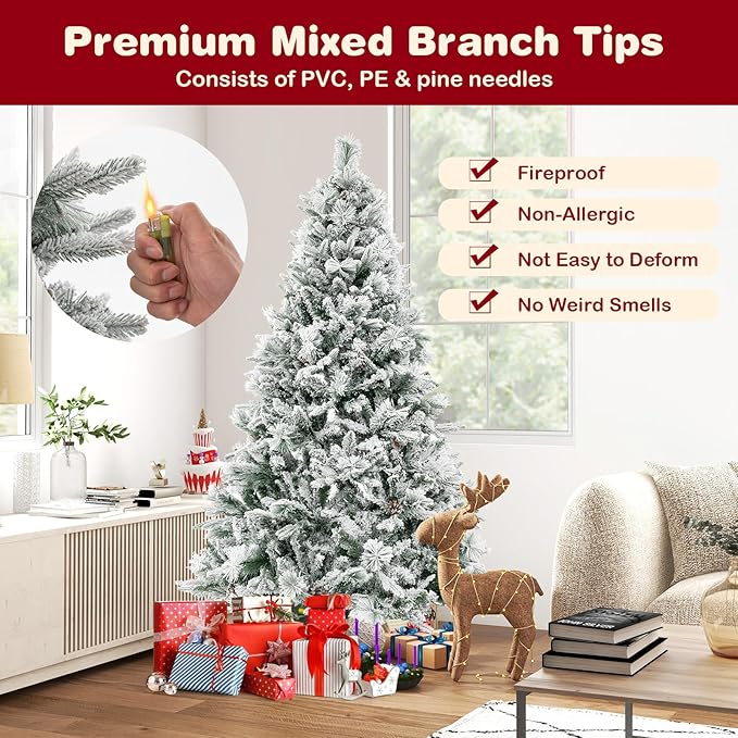 GOFLAME 6 FT Artificial Christmas Tree with Pine Needles, Snow Flocked Xmas Tree with 850 PE & PVC Branch Tips, 240 LED Lights & 34 Pine Cones, Hinged Decoration Tree with 8 Lighting Modes