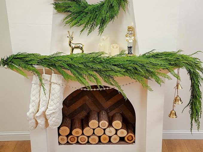 6FT Extra Full Cedar Garland Real Touch Faux Cedar Garland Christmas Greenery for Mantle Stairs Table Wall Front Door Indoor Outdoor Christmas Xmas Decor Decorations