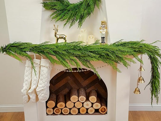 6FT Extra Full Cedar Garland Real Touch Faux Cedar Garland Christmas Greenery for Mantle Stairs Table Wall Front Door Indoor Outdoor Christmas Xmas Decor Decorations