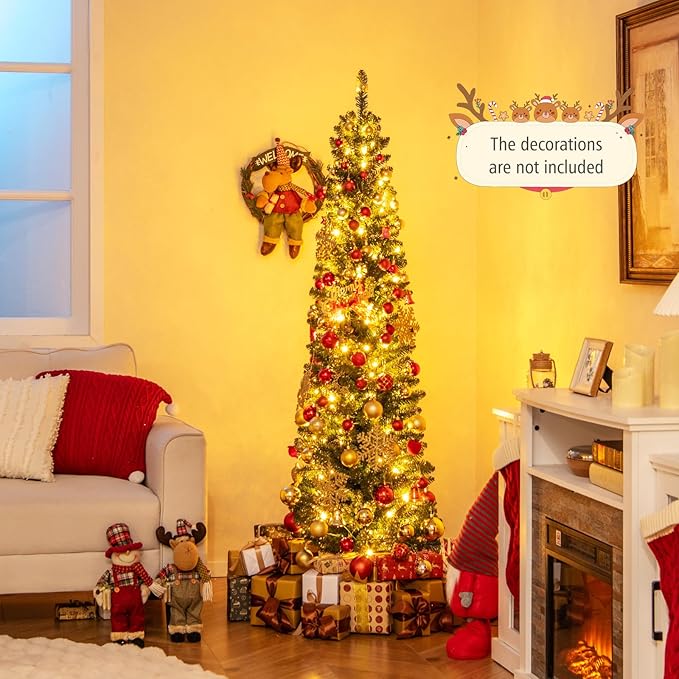 GOFLAME 6FT Prelit Pencil Christmas Tree, Slim Artificial Xmas Tree with 392 Memory Wire Branch Tips, 140 Warm White LED Lights & Upgraded Metal Stand, Seasonal Holiday Decoration Tree for Home Party