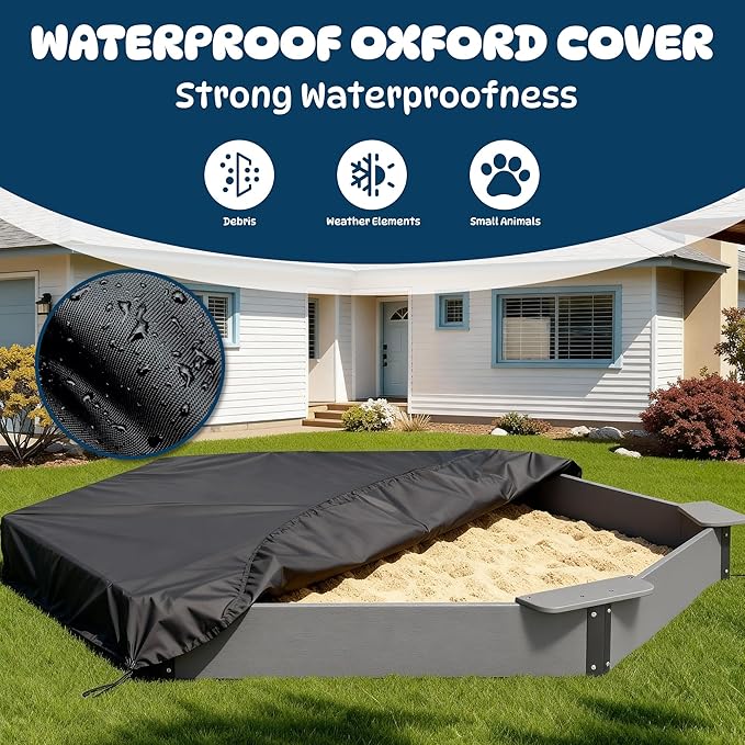 FOOWIN Hexagonal Outdoor Sandbox with Cover for Kids, HDPE Large Sandpit w/6 Benches, for Aged 3-12 Years Old, Sand Box for Children, Bottom Liner,Grey
