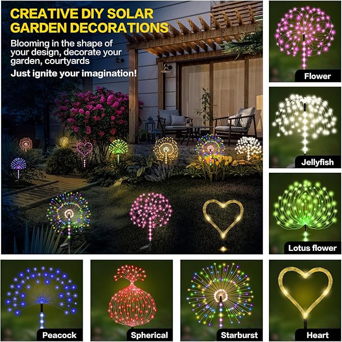 2 Pack Garden Decoration Solar Outdoor Light with 300 LEDs, Waterproof Solar Firework Lights 8 Lighting Modes, Suitable for Outdoor, Yard, Pathway ， Landscape Decoration(Multicolor)