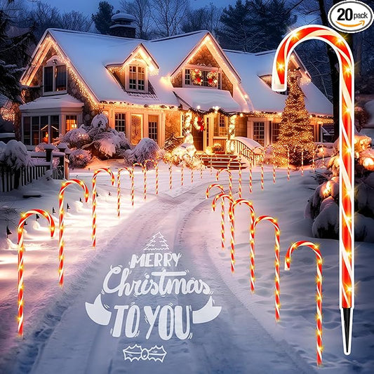 Brightown 28" Candy Cane Lights with Stakes, 2 Set Total 20 Large Christmas Pathway Lights, Outdoor Candy Cane Pathway Christmas Decorations for Yard, Lawn, Garden, Walkway, Sidewalk
