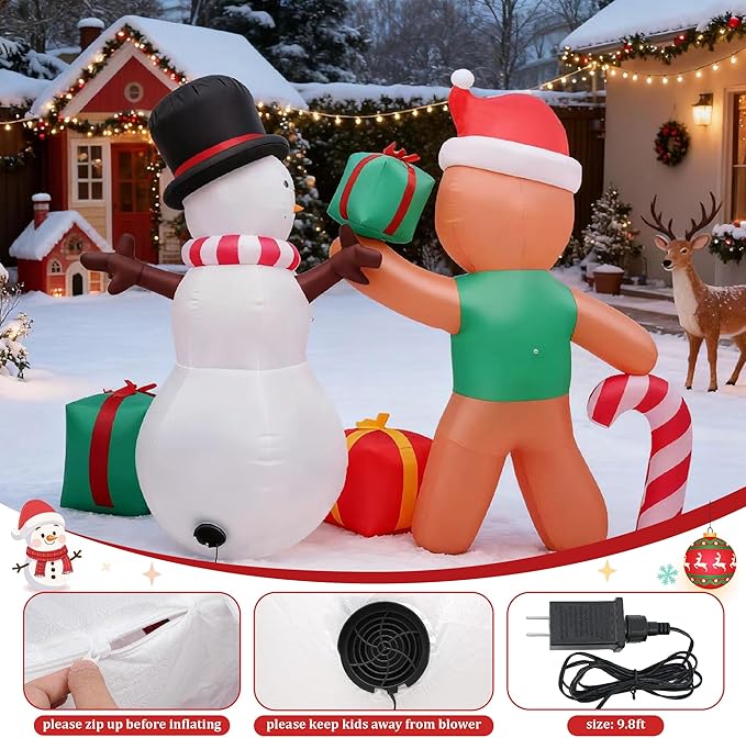 6FT Christmas Inflatable Decoration, Built-in LED Lighting Gingerbread Man Snowman Gift Box, Suitable for Inflatable Decoration in Outdoor Courtyards, Indoor Gardens and Lawns