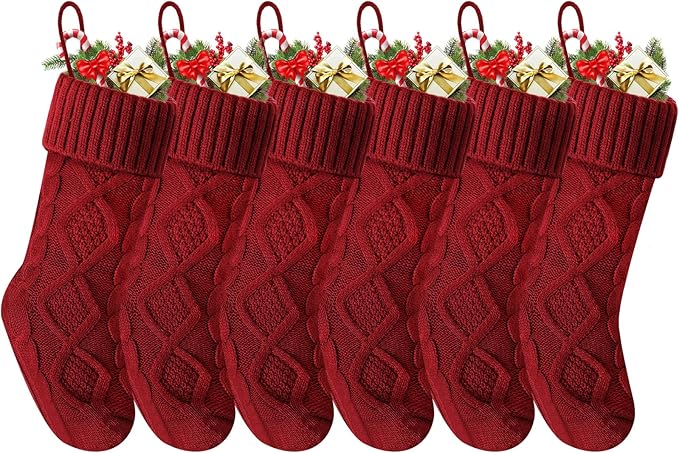 Christmas Stockings 18 Inches,Long Knitted Socks Christmas Decoration Hanging Stocking Fireplace Xmas Tree Stocking for Home Family（6P-red）