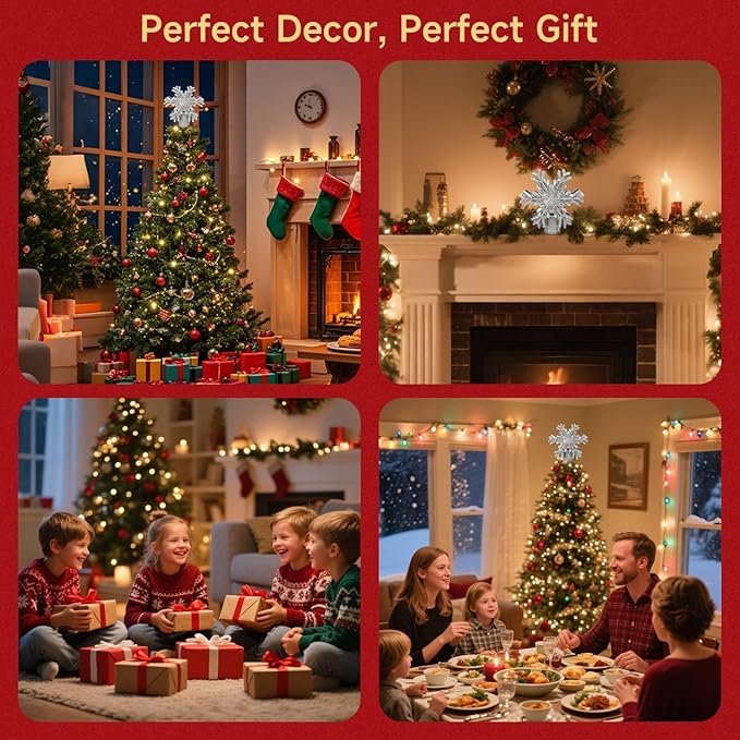 Christmas Tree Topper Lighted with Built-in LED Rotating Snowflake Projector, 3D Hollow Glitter Silver Snowflake Tree Topper for Xmas Party Holiday Christmas Decorations