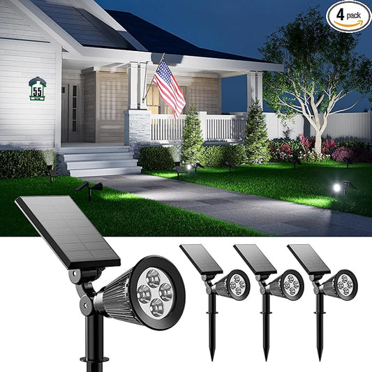 4 Pack Solar Spotlights Outdoor Waterproof for Tree, Statue, Flower, Pot, Bush, Wall, Bright LED Outside Landscape Flood lights for Security Uplighting Yard, Garden, Driveway, Walkway, House, Fence