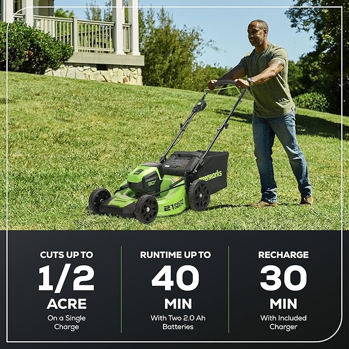 Greenworks 80V 21" Brushless Cordless (Push) Lawn Mower (75+ Compatible Tools), (2) 2.0Ah Batteries and 30 Minute Rapid Charger Included