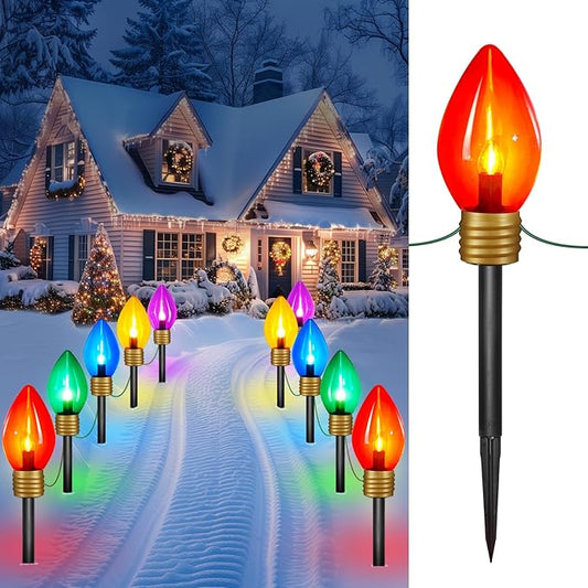 Christmas Lights Jumbo C9 Outdoor Lawn Decorations with Pathway Marker Stakes, 4 Pack 10.5 Feet String Lights Covered Jumbo Multicolored Light Bulb for Holiday Outside Yard Garden Decor, 20 Lights