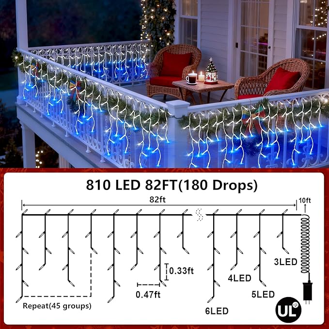 810 LED Christmas Lights Outdoor Indoor, 82ft Blue & White String Lights with 180 Drops, 12 Modes Dimmable Curtain Lights with Timer, Waterproof Twinkle Fairy Lights for Bedroom Window Xmas Decor