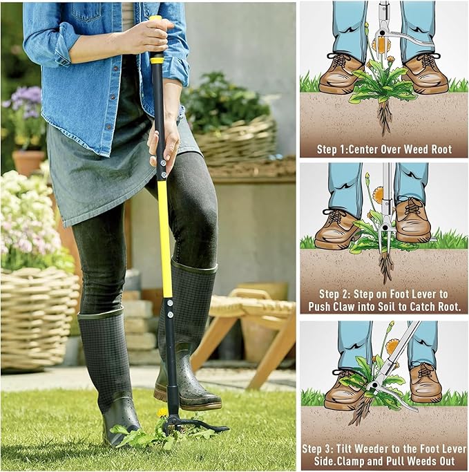 Jardineer Weed Puller Tool, 45 Stand Up Weed Remover Tool with Reinforced All-Steel Handle & 4-Claw Steel Head, Heavy Duty Manual Weeder for Garden Lawn Yard, Easily Remove Weeds Without Bending