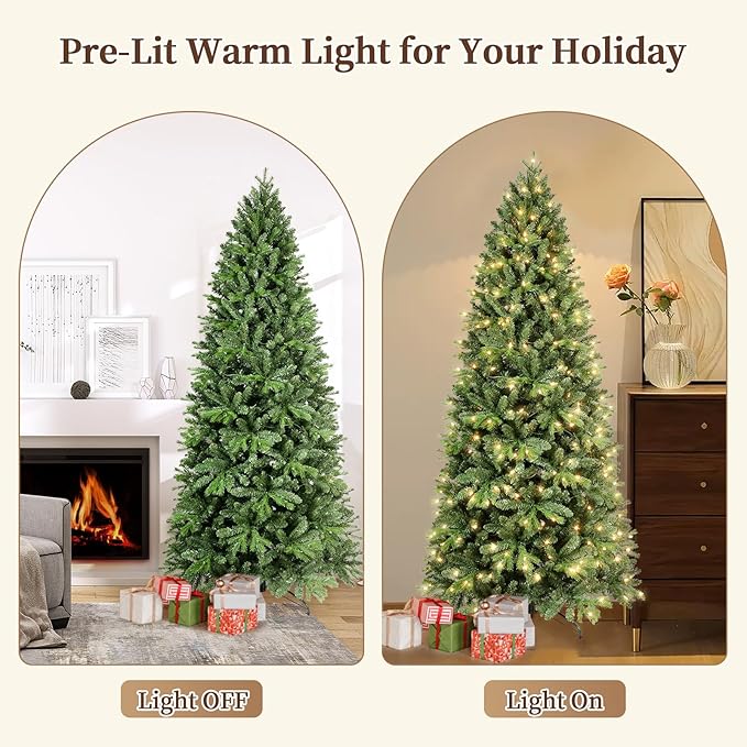 Prelit Artificial Christmas Tree 7ft,Green Spruce Christmas Tree Prelit with 400 Lights, 1318 Branches Tips Easy to Assemble for Home Holiday Outdoor Decorations