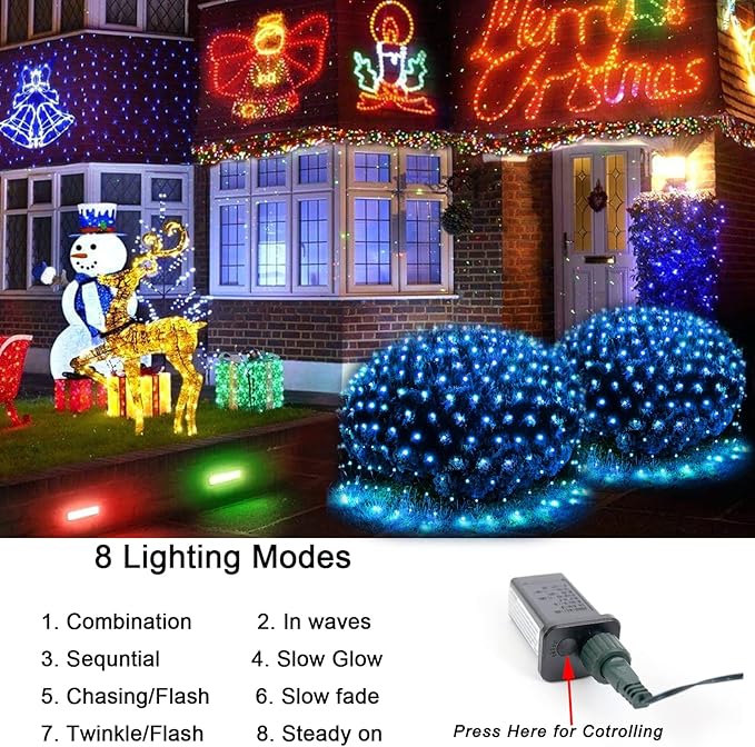360LED Net Lights, 21ft x 5ft Connectable Christmas Mesh Lights with Timer & 8 Lighting Modes, Waterproof Outdoor Bush String Light for Halloween Xmas Tree Holiday Party Garden Hedge Patio - Blue
