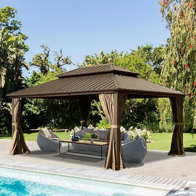 Domi Hardtop Gazebos 10x14FT, Aluminum Metal Gazebo with Galvanized Steel Double Roof Canopy, Curtain and Netting, Permanent Gazebo Pavilion for Patio, Backyard, Deck and Lawn, Brown
